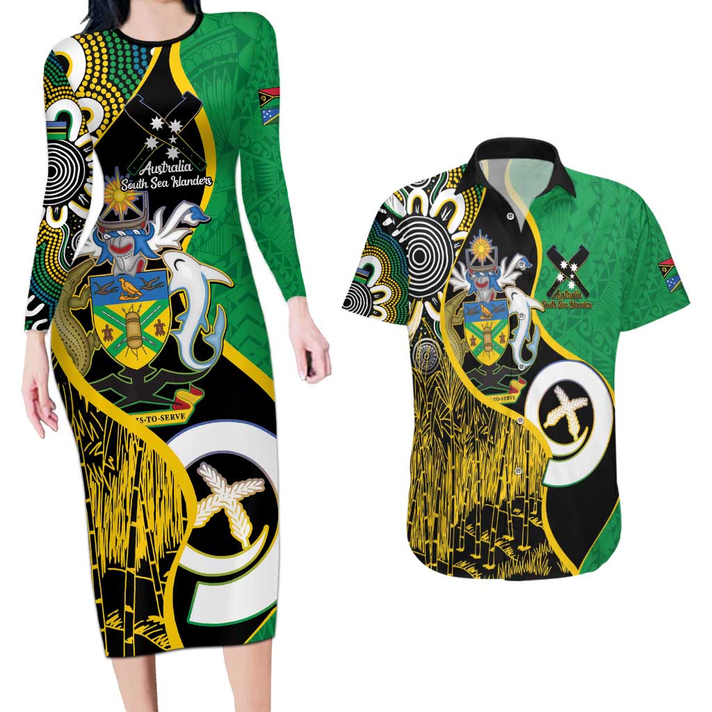 Australian South Sea Islanders National Recognition Day Couples Matching Long Sleeve Bodycon Dress and Hawaiian Shirt Solomon Islands And Vanuatu Culture LT14 Black - Polynesian Pride