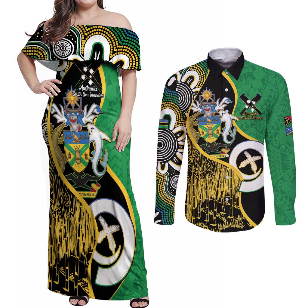 Australian South Sea Islanders National Recognition Day Couples Matching Off Shoulder Maxi Dress and Long Sleeve Button Shirt Solomon Islands And Vanuatu Culture LT14 Black - Polynesian Pride