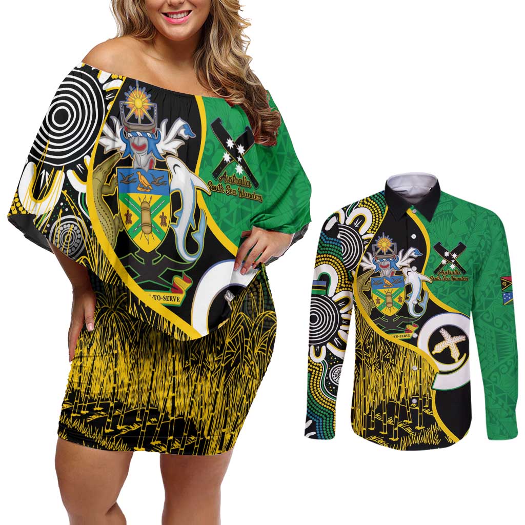 Australian South Sea Islanders National Recognition Day Couples Matching Off Shoulder Short Dress and Long Sleeve Button Shirt Solomon Islands And Vanuatu Culture LT14 Black - Polynesian Pride