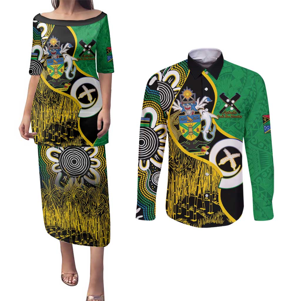 Australian South Sea Islanders National Recognition Day Couples Matching Puletasi and Long Sleeve Button Shirt Solomon Islands And Vanuatu Culture LT14 Black - Polynesian Pride