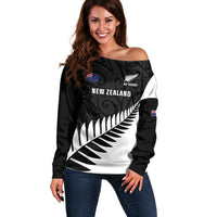 New Zealand Silver Fern Rugby Off Shoulder Sweater All Black Go Champions Maori Pattern LT14 Women Black - Polynesian Pride