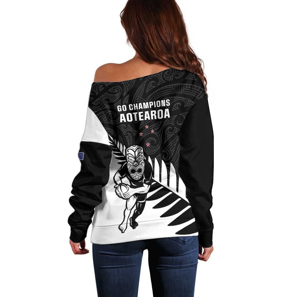 New Zealand Silver Fern Rugby Off Shoulder Sweater All Black Go Champions Maori Pattern LT14 - Polynesian Pride