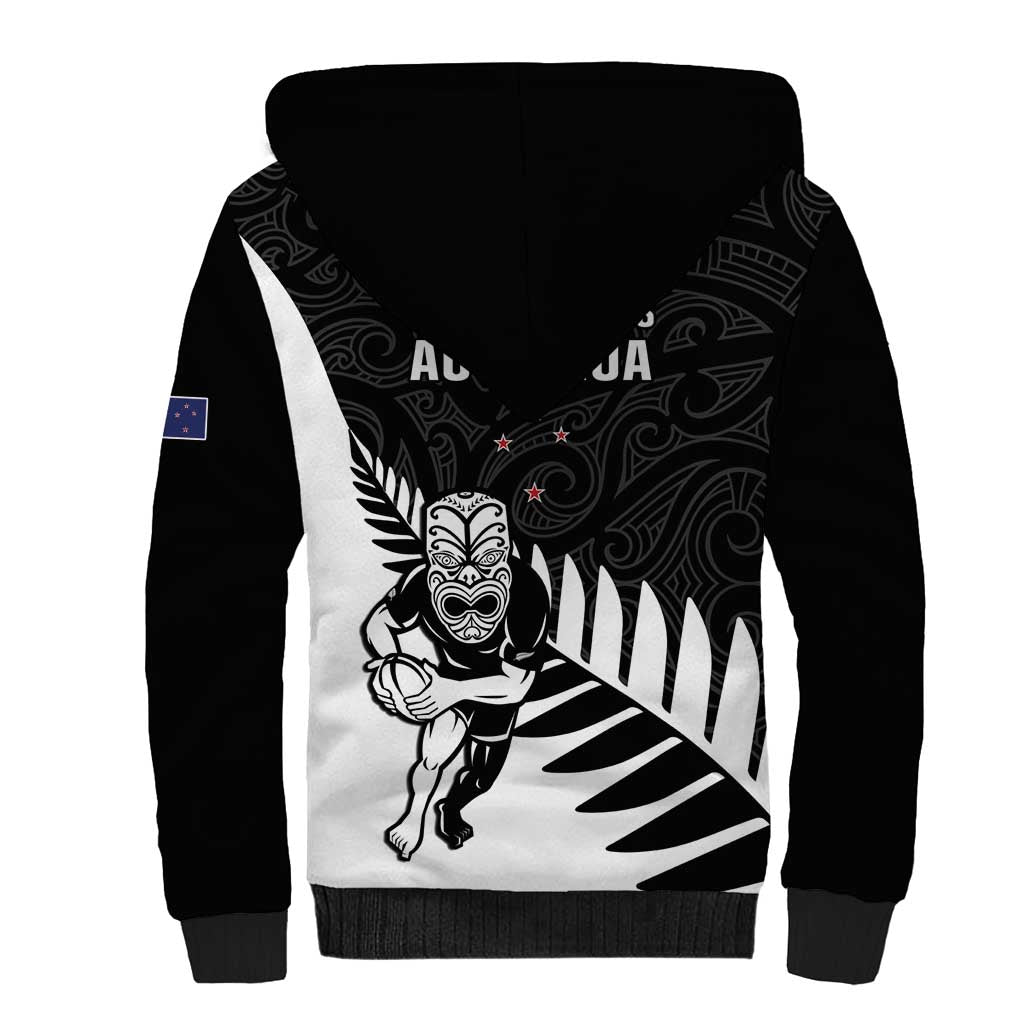 New Zealand Silver Fern Rugby Sherpa Hoodie All Black Go Champions Maori Pattern LT14