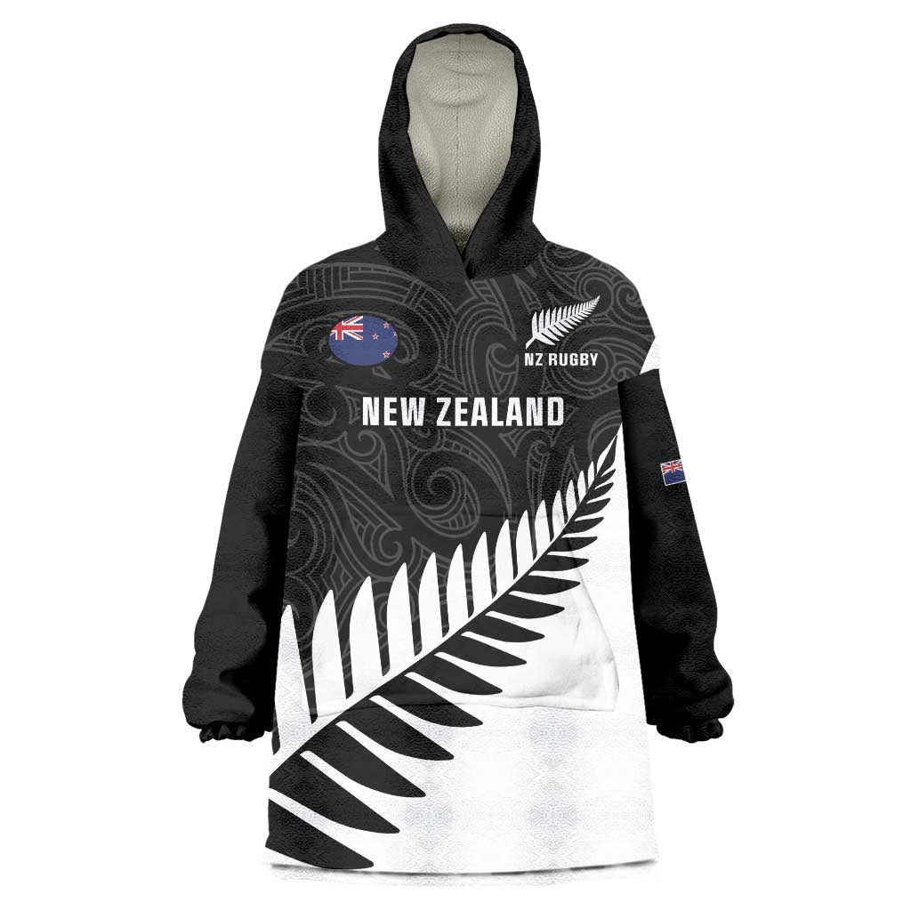 New Zealand Silver Fern Rugby Wearable Blanket Hoodie All Black Go Champions Maori Pattern LT14 One Size Black - Polynesian Pride