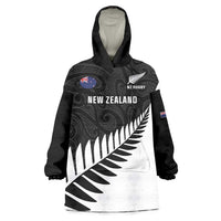 New Zealand Silver Fern Rugby Wearable Blanket Hoodie All Black Go Champions Maori Pattern LT14 One Size Black - Polynesian Pride