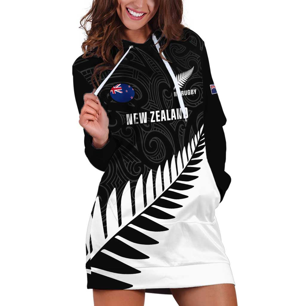 Personalised New Zealand Silver Fern Rugby Hoodie Dress All Black Go Champions Maori Pattern LT14 Black - Polynesian Pride