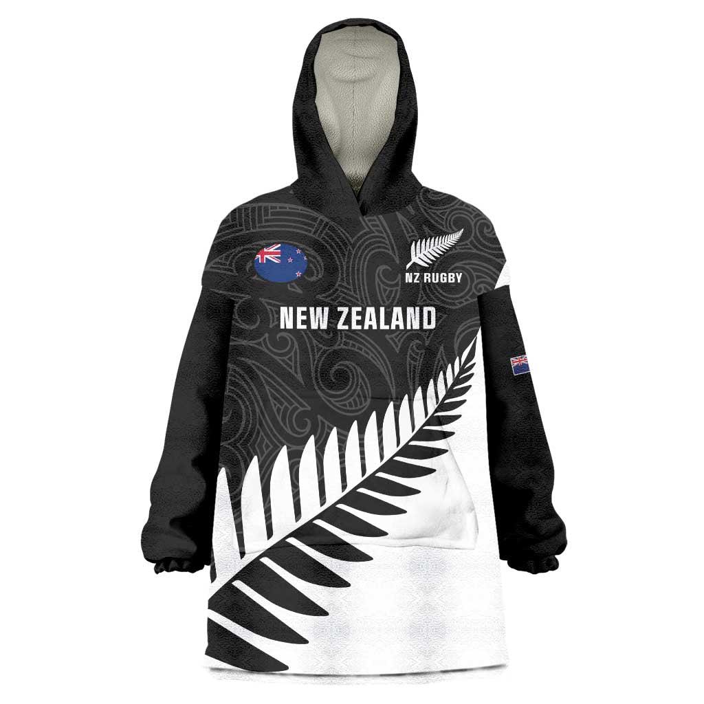 Personalised New Zealand Silver Fern Rugby Wearable Blanket Hoodie All Black Go Champions Maori Pattern LT14 One Size Black - Polynesian Pride