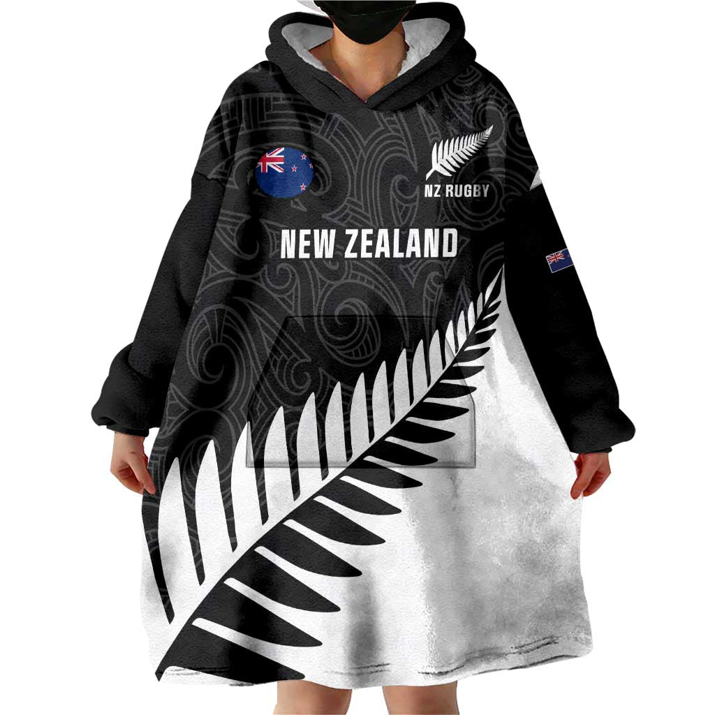 Personalised New Zealand Silver Fern Rugby Wearable Blanket Hoodie All Black Go Champions Maori Pattern LT14 - Polynesian Pride