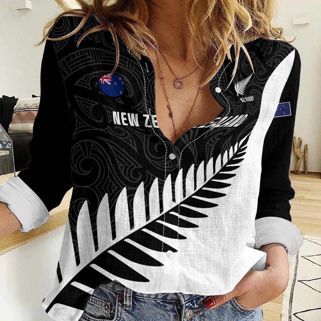 Personalised New Zealand Silver Fern Rugby Women Casual Shirt All Black Go Champions Maori Pattern LT14 Female Black - Polynesian Pride