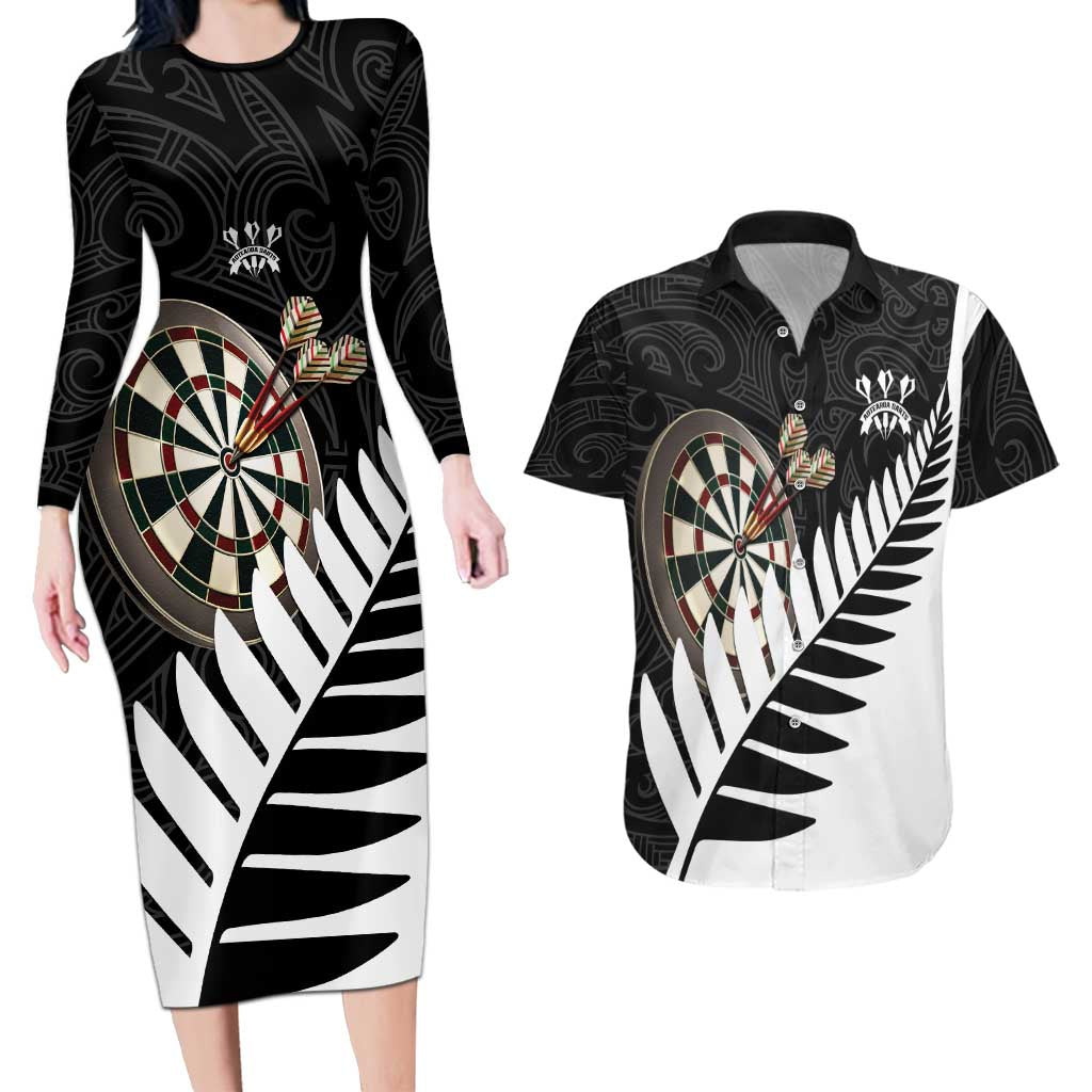 Personalised New Zealand Darts Couples Matching Long Sleeve Bodycon Dress and Hawaiian Shirt Silver Fern Aotearoa Maori Pattern LT14 Black - Polynesian Pride