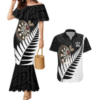 Personalised New Zealand Darts Couples Matching Mermaid Dress and Hawaiian Shirt Silver Fern Aotearoa Maori Pattern LT14 Black - Polynesian Pride
