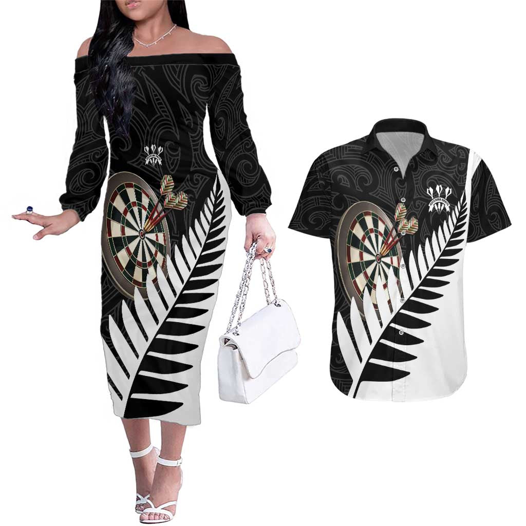 Personalised New Zealand Darts Couples Matching Off The Shoulder Long Sleeve Dress and Hawaiian Shirt Silver Fern Aotearoa Maori Pattern LT14 Black - Polynesian Pride