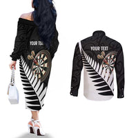 Personalised New Zealand Darts Couples Matching Off The Shoulder Long Sleeve Dress and Long Sleeve Button Shirt Silver Fern Aotearoa Maori Pattern LT14 - Polynesian Pride
