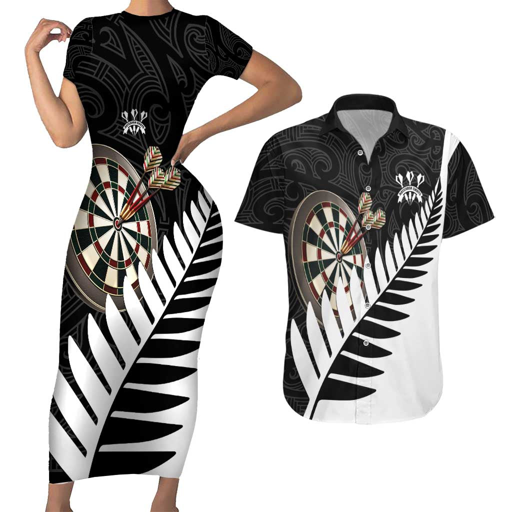 Personalised New Zealand Darts Couples Matching Short Sleeve Bodycon Dress and Hawaiian Shirt Silver Fern Aotearoa Maori Pattern LT14 Black - Polynesian Pride