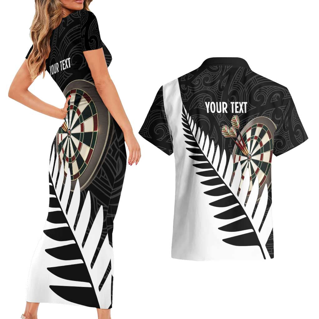 Personalised New Zealand Darts Couples Matching Short Sleeve Bodycon Dress and Hawaiian Shirt Silver Fern Aotearoa Maori Pattern LT14 - Polynesian Pride