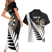 Personalised New Zealand Darts Couples Matching Short Sleeve Bodycon Dress and Hawaiian Shirt Silver Fern Aotearoa Maori Pattern LT14 - Polynesian Pride