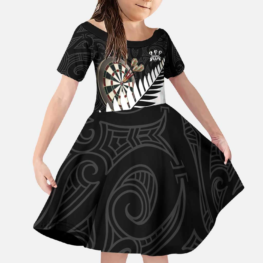 Personalised New Zealand Darts Family Matching Long Sleeve Bodycon Dress and Hawaiian Shirt Silver Fern Aotearoa Maori Pattern LT14 Daughter's Dress Black - Polynesian Pride