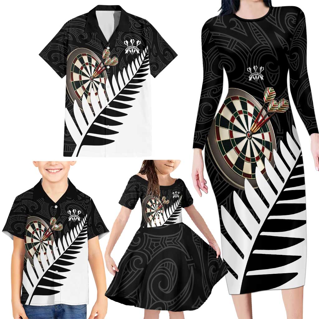 Personalised New Zealand Darts Family Matching Long Sleeve Bodycon Dress and Hawaiian Shirt Silver Fern Aotearoa Maori Pattern LT14 - Polynesian Pride