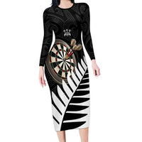 Personalised New Zealand Darts Family Matching Long Sleeve Bodycon Dress and Hawaiian Shirt Silver Fern Aotearoa Maori Pattern LT14 Mom's Dress Black - Polynesian Pride