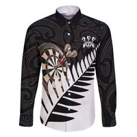 Personalised New Zealand Darts Family Matching Mermaid Dress and Hawaiian Shirt Silver Fern Aotearoa Maori Pattern LT14 Dad's Shirt - Long Sleeve Black - Polynesian Pride