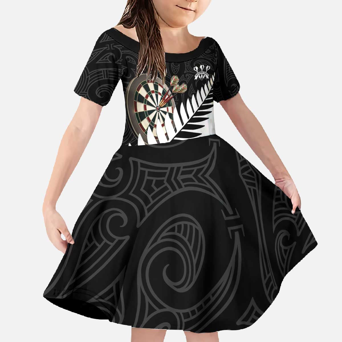 Personalised New Zealand Darts Family Matching Off The Shoulder Long Sleeve Dress and Hawaiian Shirt Silver Fern Aotearoa Maori Pattern LT14 Daughter's Dress Black - Polynesian Pride