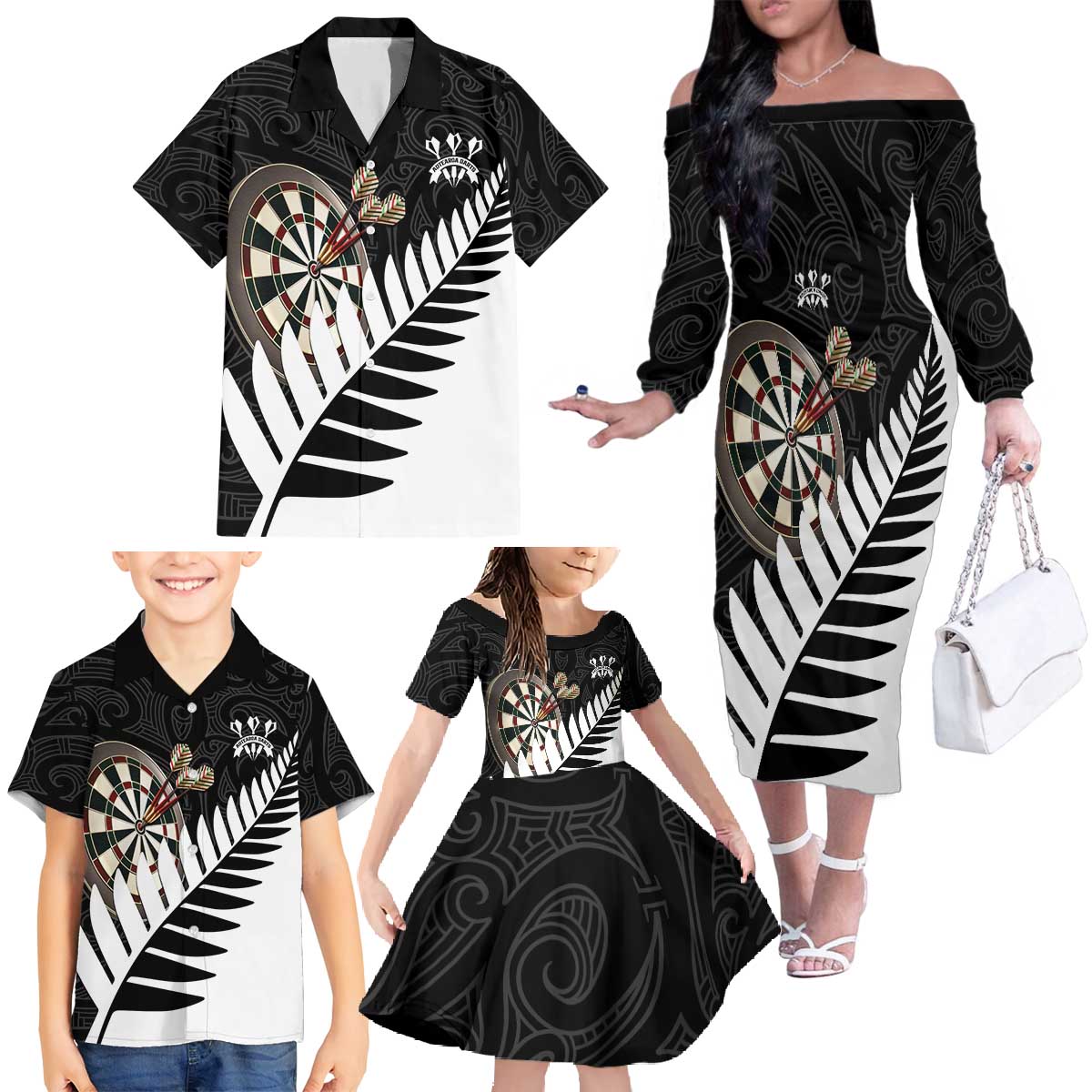 Personalised New Zealand Darts Family Matching Off The Shoulder Long Sleeve Dress and Hawaiian Shirt Silver Fern Aotearoa Maori Pattern LT14 - Polynesian Pride