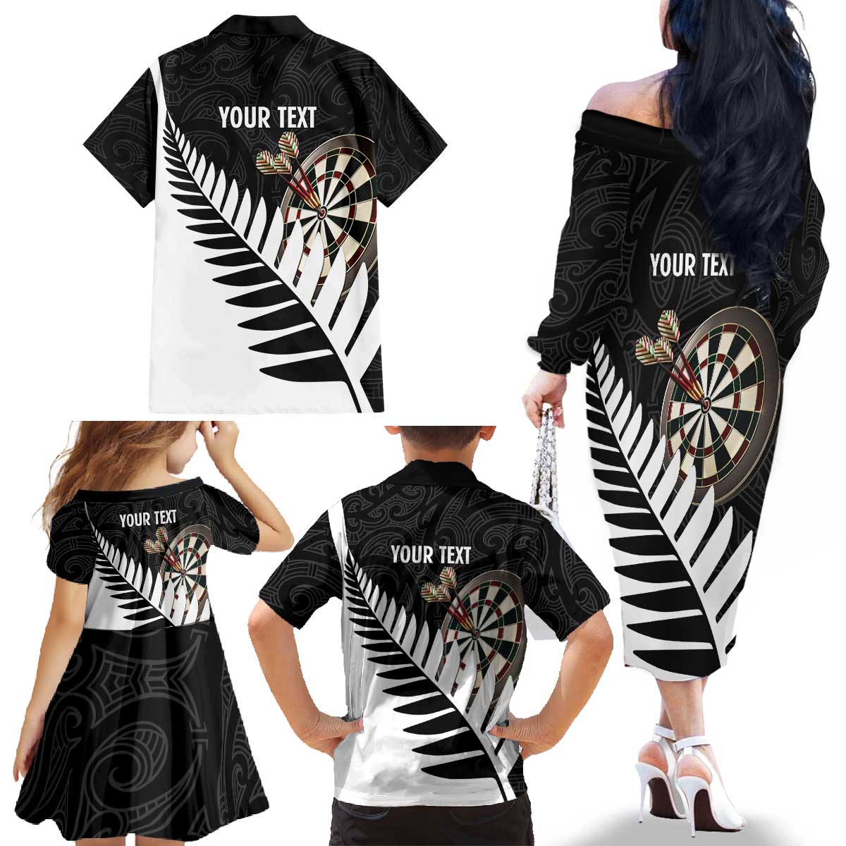 Personalised New Zealand Darts Family Matching Off The Shoulder Long Sleeve Dress and Hawaiian Shirt Silver Fern Aotearoa Maori Pattern LT14 - Polynesian Pride