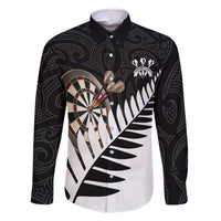 Personalised New Zealand Darts Family Matching Off The Shoulder Long Sleeve Dress and Hawaiian Shirt Silver Fern Aotearoa Maori Pattern LT14 Dad's Shirt - Long Sleeve Black - Polynesian Pride
