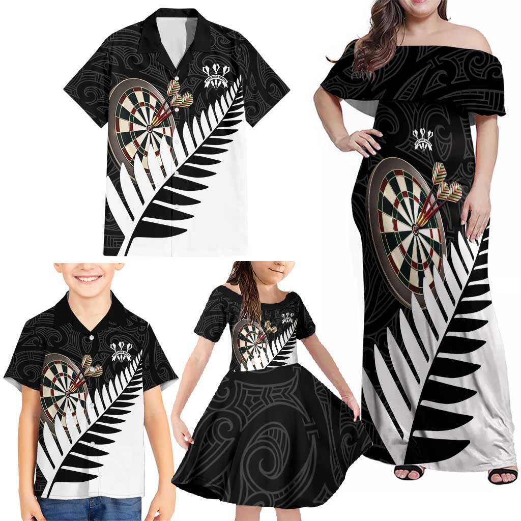 Personalised New Zealand Darts Family Matching Off Shoulder Maxi Dress and Hawaiian Shirt Silver Fern Aotearoa Maori Pattern LT14 - Polynesian Pride