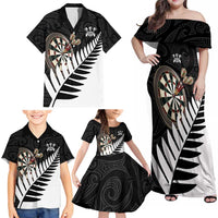 Personalised New Zealand Darts Family Matching Off Shoulder Maxi Dress and Hawaiian Shirt Silver Fern Aotearoa Maori Pattern LT14 - Polynesian Pride