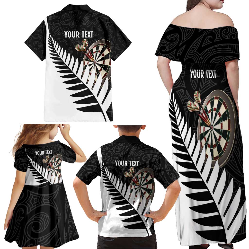 Personalised New Zealand Darts Family Matching Off Shoulder Maxi Dress and Hawaiian Shirt Silver Fern Aotearoa Maori Pattern LT14 - Polynesian Pride