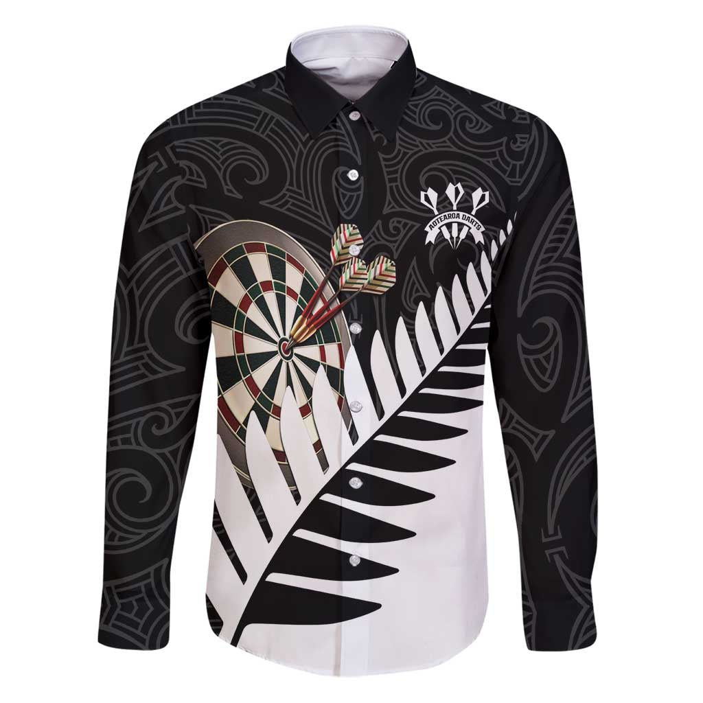 Personalised New Zealand Darts Family Matching Puletasi and Hawaiian Shirt Silver Fern Aotearoa Maori Pattern LT14 Dad's Shirt - Long Sleeve Black - Polynesian Pride