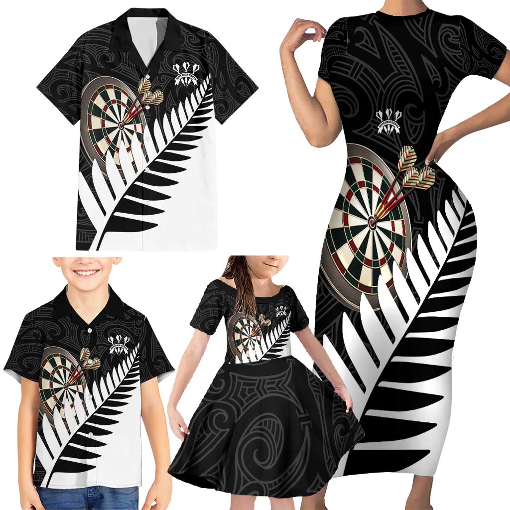 Personalised New Zealand Darts Family Matching Short Sleeve Bodycon Dress and Hawaiian Shirt Silver Fern Aotearoa Maori Pattern LT14 - Polynesian Pride