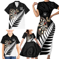 Personalised New Zealand Darts Family Matching Short Sleeve Bodycon Dress and Hawaiian Shirt Silver Fern Aotearoa Maori Pattern LT14 - Polynesian Pride