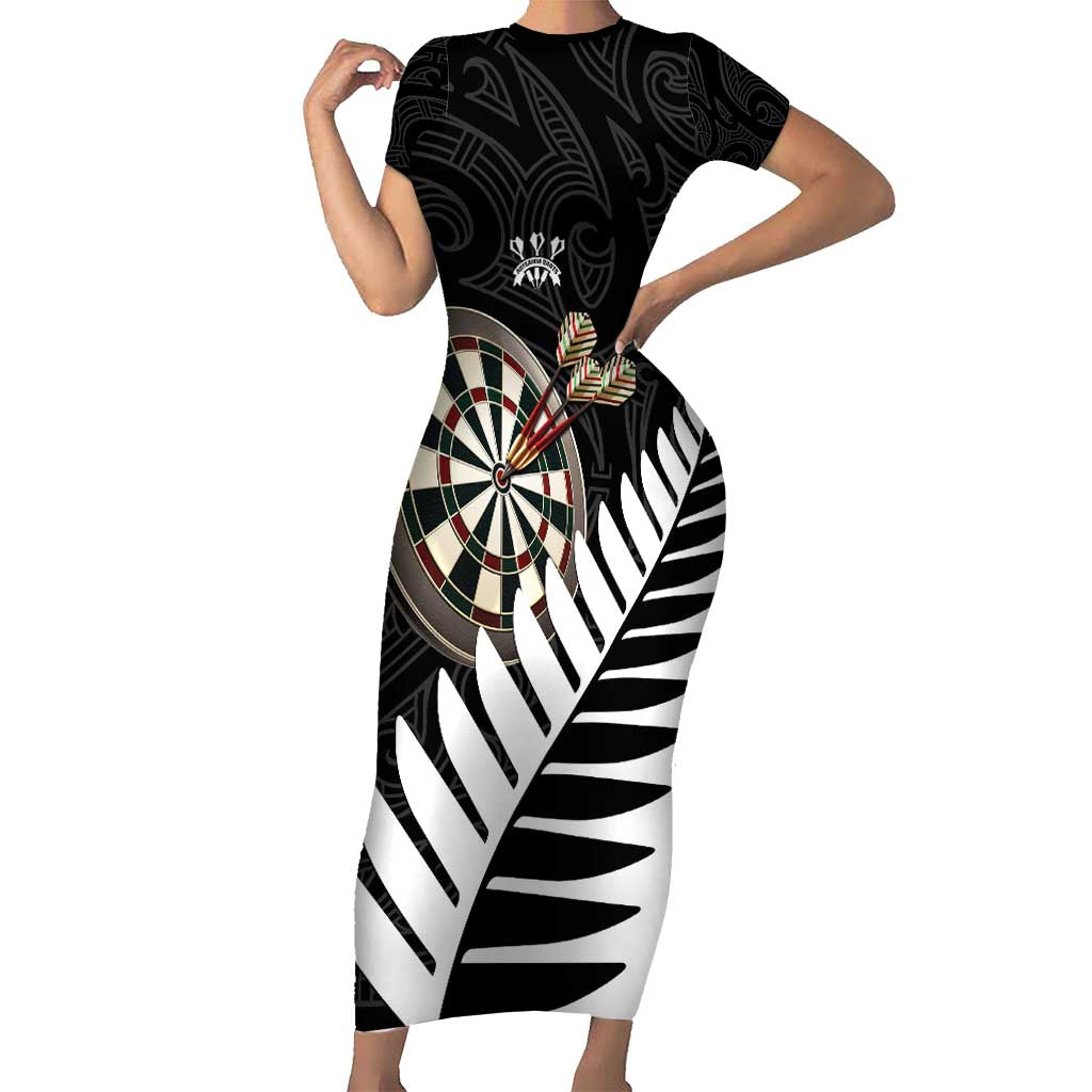 Personalised New Zealand Darts Family Matching Short Sleeve Bodycon Dress and Hawaiian Shirt Silver Fern Aotearoa Maori Pattern LT14 Mom's Dress Black - Polynesian Pride