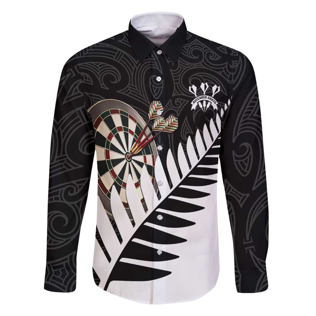Personalised New Zealand Darts Family Matching Tank Maxi Dress and Hawaiian Shirt Silver Fern Aotearoa Maori Pattern LT14 Dad's Shirt - Long Sleeve Black - Polynesian Pride
