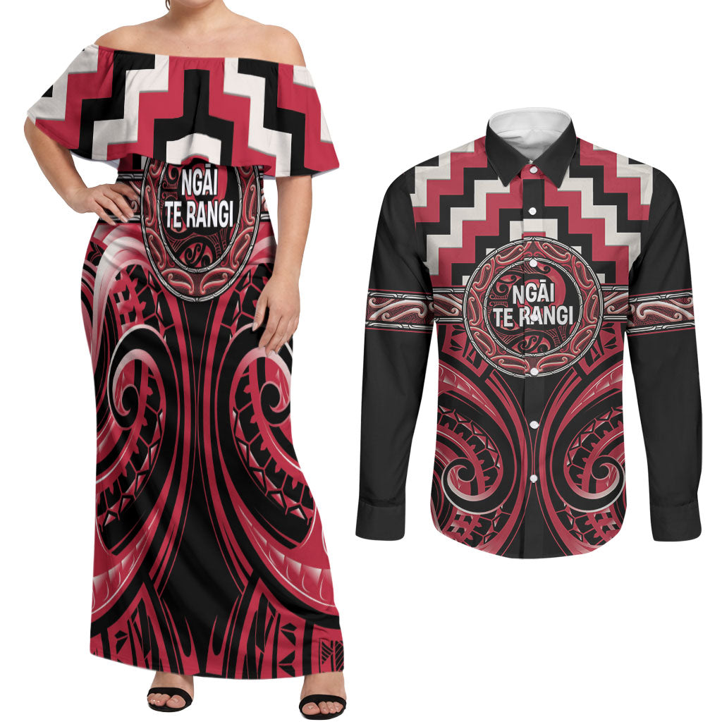 Aotearoa Ngai Te Rangi Personalised Couples Matching Off Shoulder Maxi Dress and Long Sleeve Button Shirt Maori Iwi Poutama Puhoro Tattoo LT14 Red - Polynesian Pride