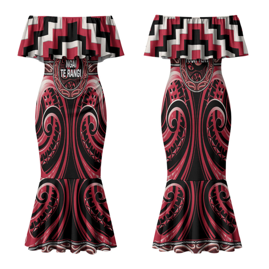 Aotearoa Ngai Te Rangi Personalised Family Matching Mermaid Dress and Hawaiian Shirt Maori Iwi Poutama Puhoro Tattoo LT14 Mom's Dress Red - Polynesian Pride