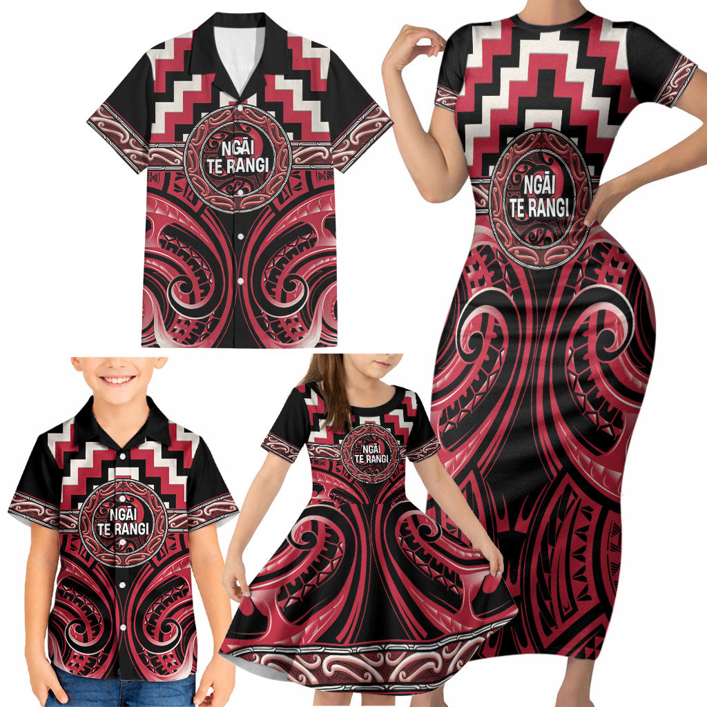 Aotearoa Ngai Te Rangi Personalised Family Matching Short Sleeve Bodycon Dress and Hawaiian Shirt Maori Iwi Poutama Puhoro Tattoo LT14 - Polynesian Pride