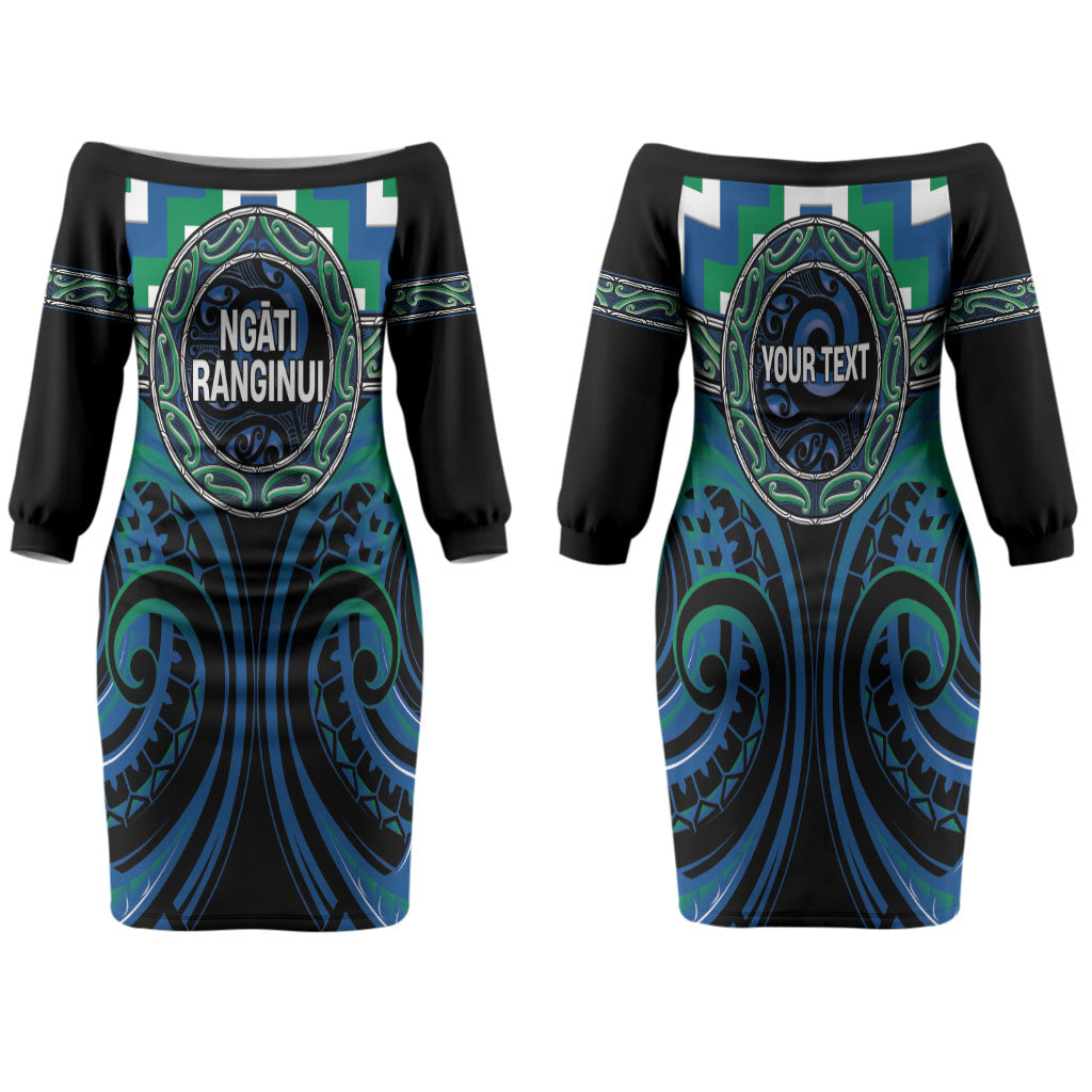 Aotearoa Ngati Ranginui Personalised Family Matching Off The Shoulder Long Sleeve Dress and Hawaiian Shirt Maori Iwi Poutama Puhoro Tattoo LT14 Mom's Dress Green - Polynesian Pride
