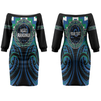 Aotearoa Ngati Ranginui Personalised Family Matching Off The Shoulder Long Sleeve Dress and Hawaiian Shirt Maori Iwi Poutama Puhoro Tattoo LT14 Mom's Dress Green - Polynesian Pride