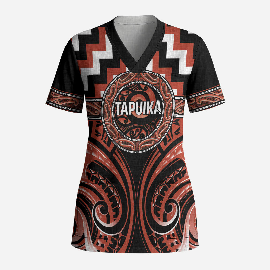 Aotearoa Tapuika Personalised Scrub Top Maori Iwi Poutama Puhoro Tattoo LT14 Adult Red - Polynesian Pride