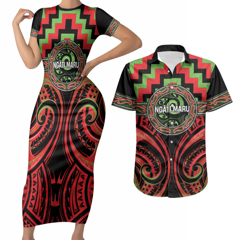 Aotearoa Ngati Maru Personalised Couples Matching Short Sleeve Bodycon Dress and Hawaiian Shirt Maori Iwi Poutama Puhoro Tattoo LT14 Red - Polynesian Pride