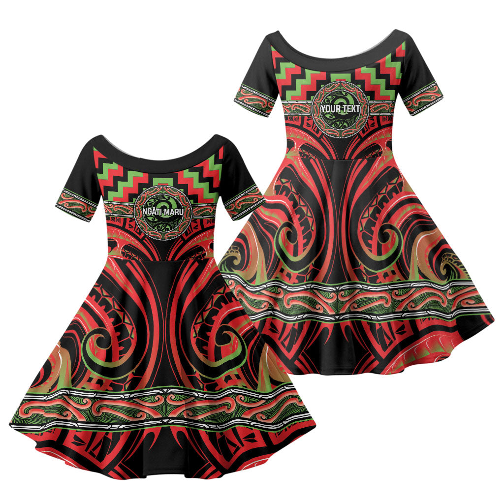 Aotearoa Ngati Maru Personalised Family Matching Off Shoulder Maxi Dress and Hawaiian Shirt Maori Iwi Poutama Puhoro Tattoo LT14 Daughter's Dress Red - Polynesian Pride