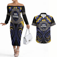 Aotearoa Ngati Raukawa Personalised Couples Matching Off The Shoulder Long Sleeve Dress and Hawaiian Shirt Maori Iwi Poutama Puhoro Tattoo LT14 Blue - Polynesian Pride
