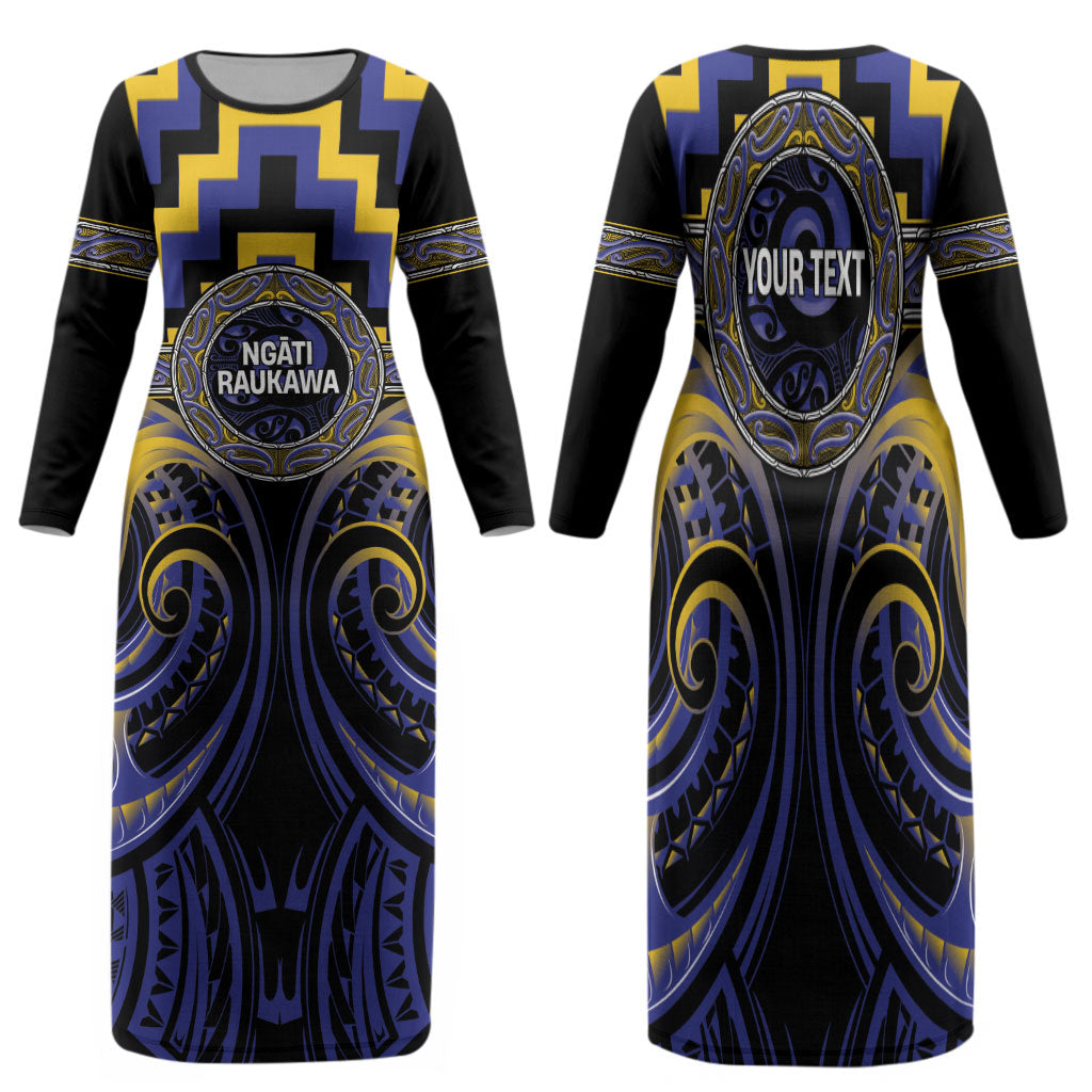 Aotearoa Ngati Raukawa Personalised Family Matching Long Sleeve Bodycon Dress and Hawaiian Shirt Maori Iwi Poutama Puhoro Tattoo LT14 Mom's Dress Blue - Polynesian Pride