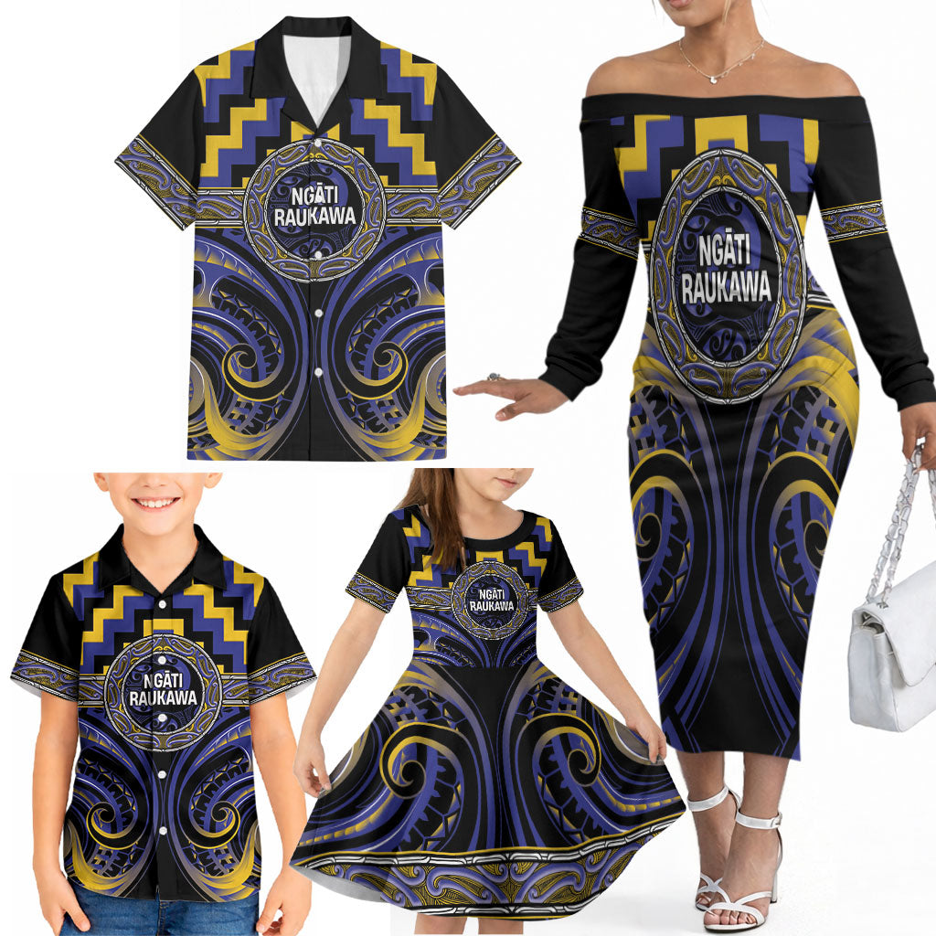 Aotearoa Ngati Raukawa Personalised Family Matching Off The Shoulder Long Sleeve Dress and Hawaiian Shirt Maori Iwi Poutama Puhoro Tattoo LT14 - Polynesian Pride