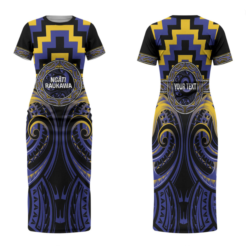 Aotearoa Ngati Raukawa Personalised Family Matching Short Sleeve Bodycon Dress and Hawaiian Shirt Maori Iwi Poutama Puhoro Tattoo LT14 Mom's Dress Blue - Polynesian Pride