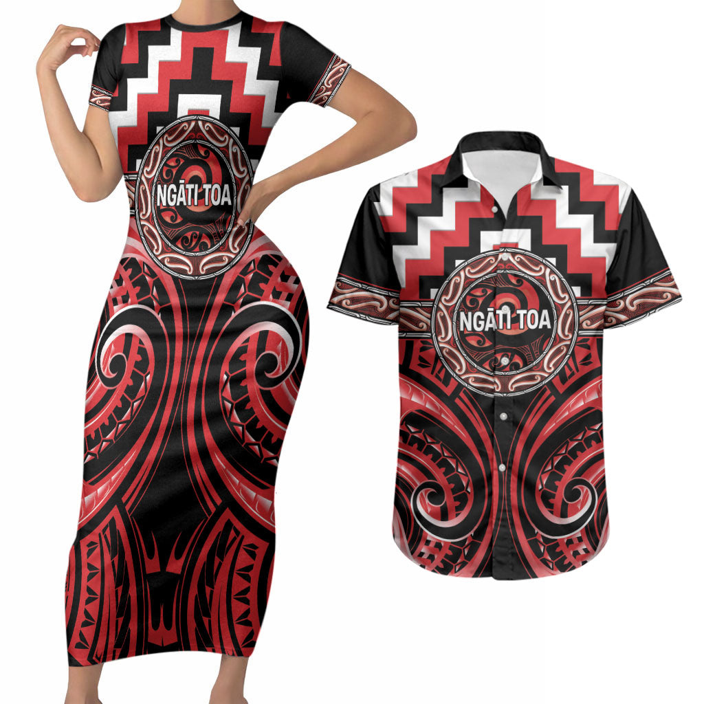 Aotearoa Ngati Toa Personalised Couples Matching Short Sleeve Bodycon Dress and Hawaiian Shirt Maori Iwi Poutama Puhoro Tattoo LT14 Red - Polynesian Pride