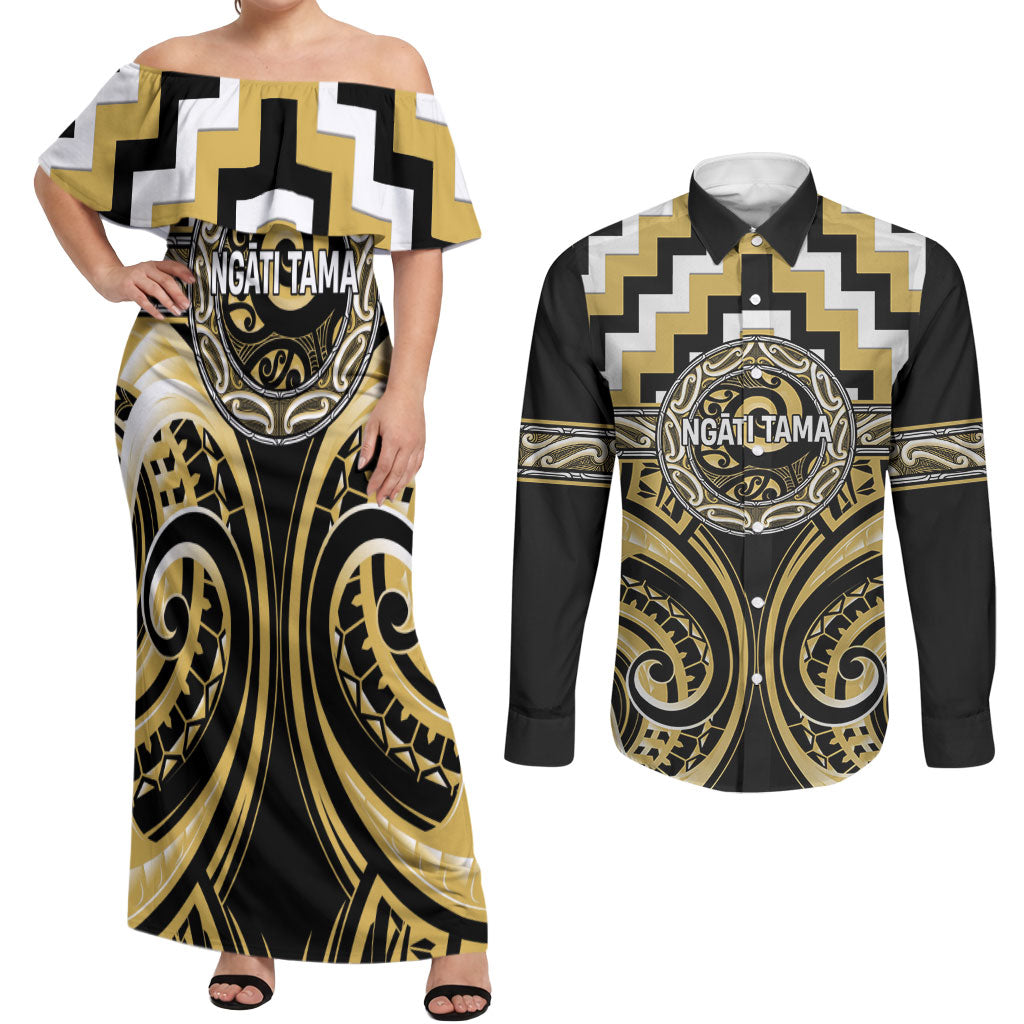 Aotearoa Ngati Tama Personalised Couples Matching Off Shoulder Maxi Dress and Long Sleeve Button Shirt Maori Iwi Poutama Puhoro Tattoo LT14 Yellow - Polynesian Pride